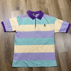 Vintage Stripe Yellow Purple Green Mardi Gras Polo Shirt Men’s size Large